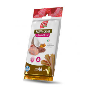 Дентални лакомства за здрава кожа и козина N&D Dog Dental Treat Skin and Coat Adult Mini  за кучета от дребни породи с киноа, пъдпъдък, кокос и куркума 60 гр